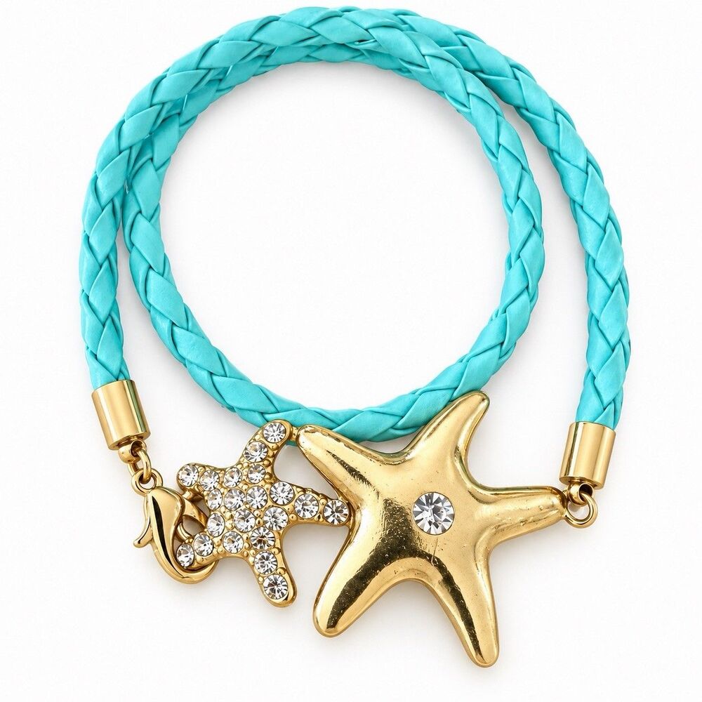 Turquoise Braided Leather Starfish Bracelet Gold Tone Crystal Rhinestone Wrap